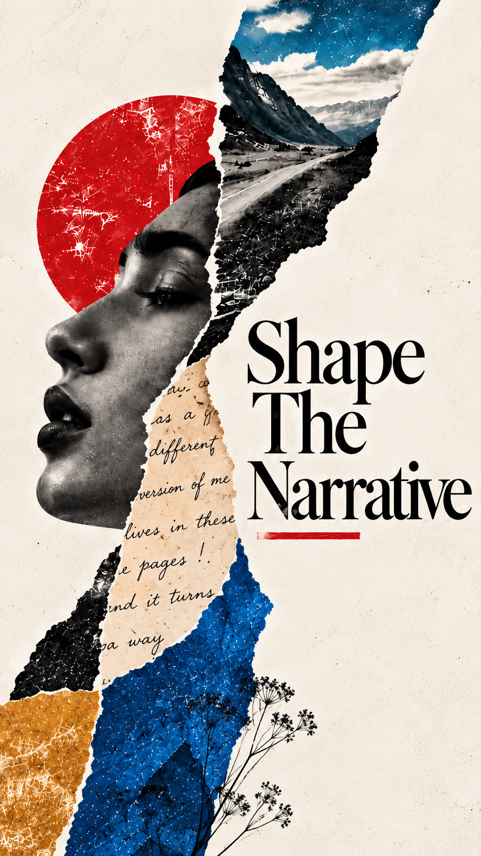 A portrait torn-paper collage — a grayscale profile of a woman beside the title 'Shape the Narrative' and a handwritten quote fragment
